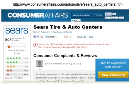 Tell everyone at Consumer Affairs your problems with Sears Auto Centers